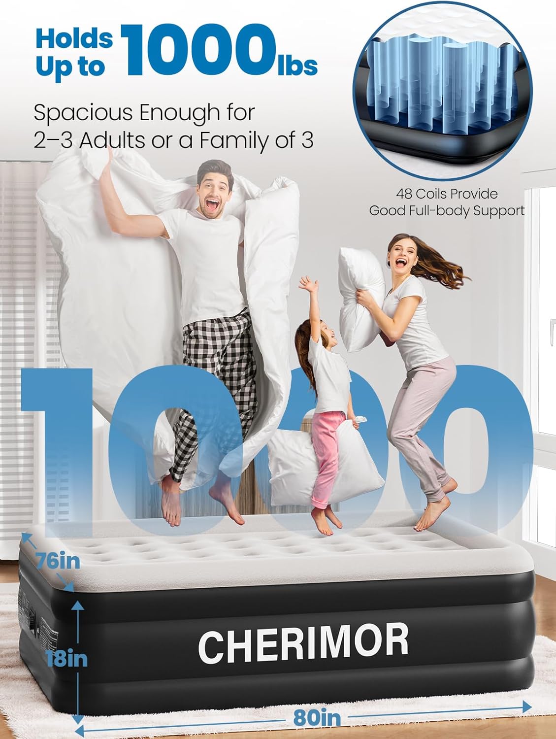 King Size Air Mattress with Built-in Pump, 18" Raised Comfort, 48Hr Leak-Proof Test, Upgraded Honeycomb Pillar Design, Blow Up Mattress Supports 1000 lbs, 3-Min Inflation for Home Guest Room Camping