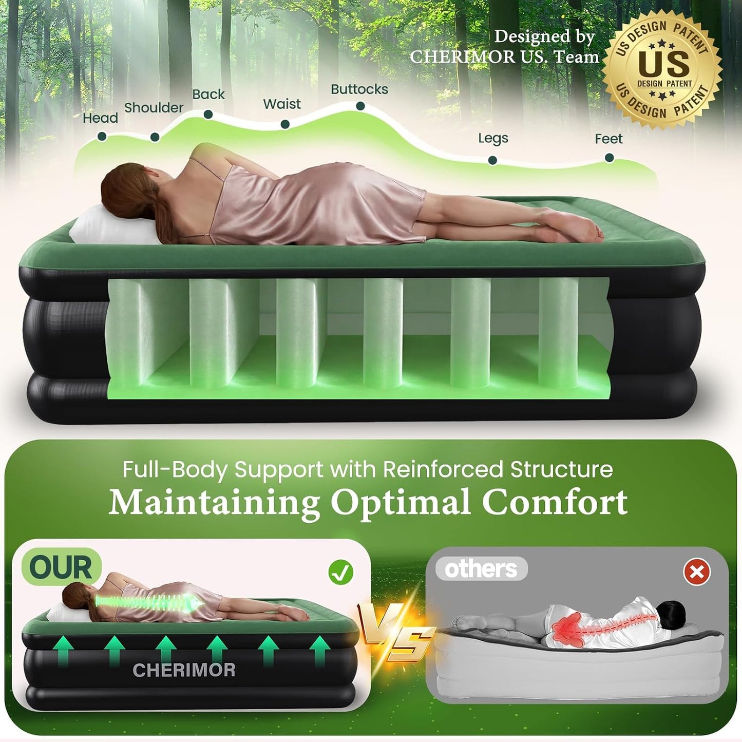 CHERIMOR Queen Air Mattress, Built-in Pump, 18in Raised, 800 lb Support, 48-Hour Leak-Tested PVC, Anti-Sag Horizontal Beam, Stable Edge Support, Air Bed for Home Guests & Camping