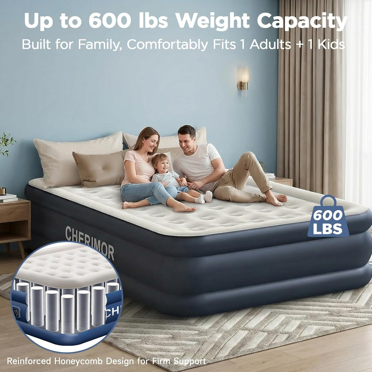CHERIMOR Queen Air Mattress with Built-in Pump 18in, Reinforced PVC
