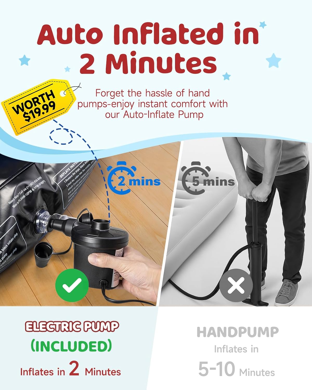 Inflatable Toddler Travel Bed with Safety Bumpers & 2 Mins Auto Inflation Pump, Portable Toddler Kids Air Mattress with Carry Bag for Home Grandma's Sleepovers Travel Camping, 330lbs Support