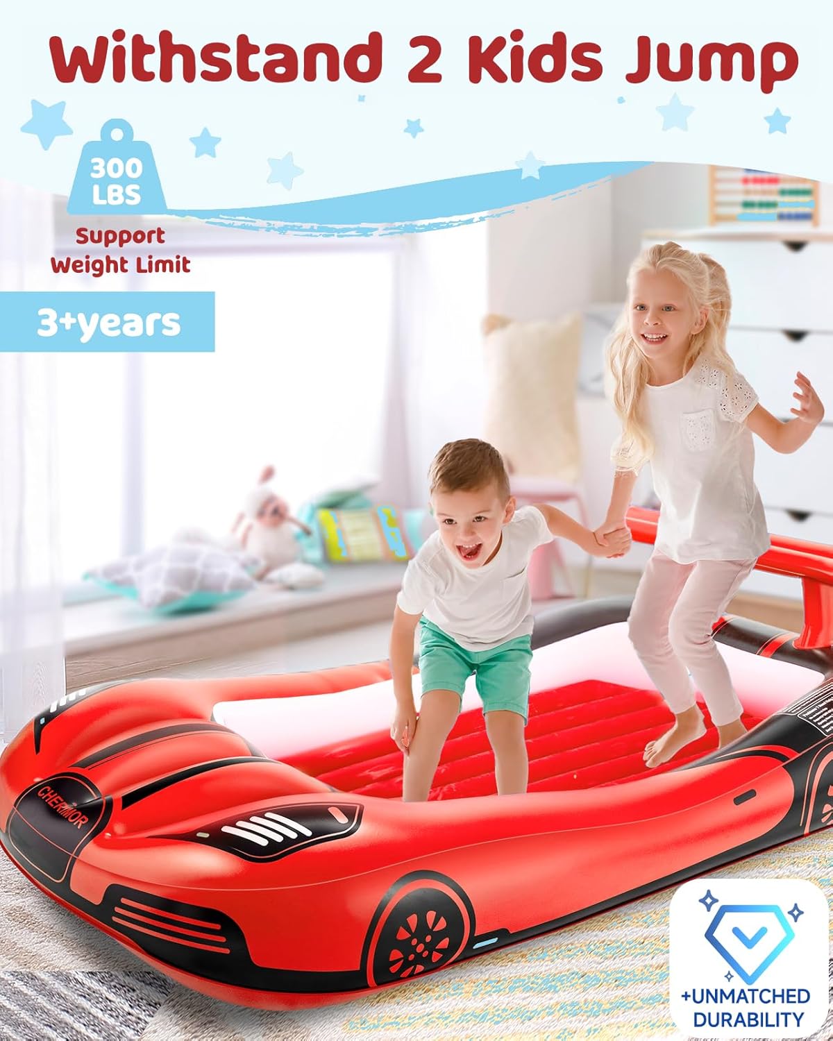 Inflatable Toddler Travel Bed with Safety Bumpers & 2 Mins Auto Inflation Pump, Portable Toddler Kids Air Mattress with Carry Bag for Home Grandma's Sleepovers Travel Camping, 330lbs Support