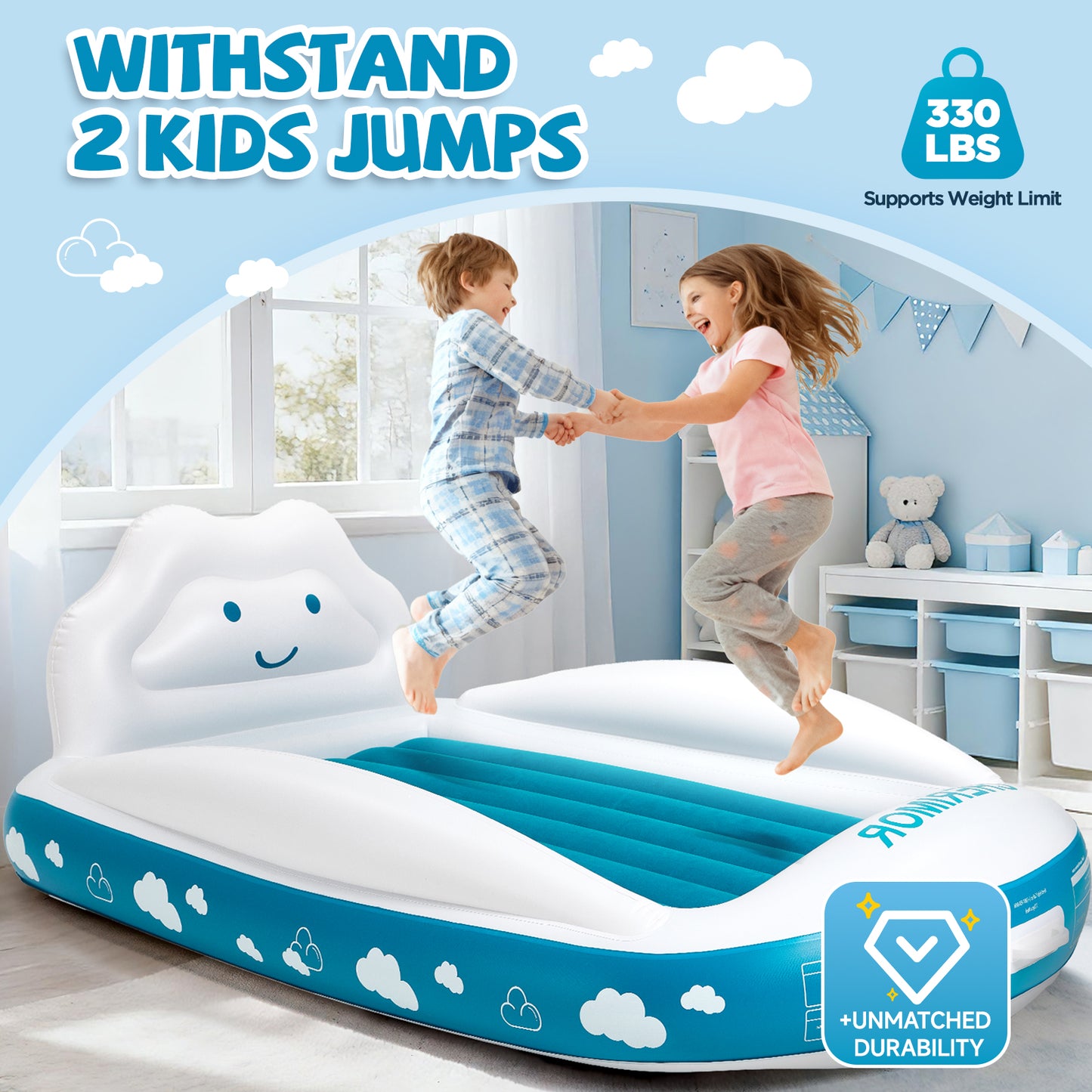 CHERIMOR Inflatable Toddler Travel Bed with 4-Sided Safety Bumpers, Portable Toddler Bed with Fast-Inflation Pump, Kids Air Mattress for Travel Sleepovers, Blow Up Mattress for Home & Grandma’s House