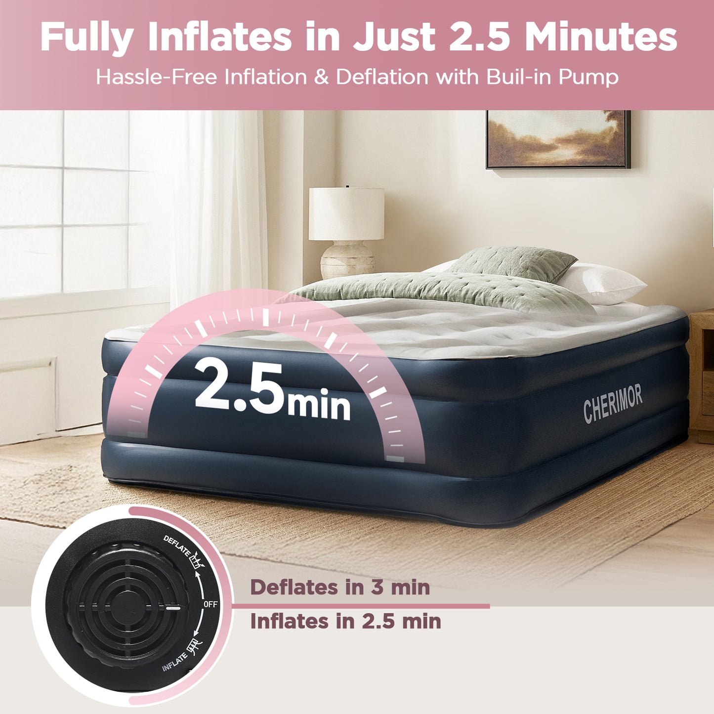 CHERIMOR Air Mattress, 18" Raised Full Size Self Inflatable Blow Up Mattress with Built in Pump, Thick Comfort Air Bed with Carry Bag for Camping, Guests & Home, 600lb Capacity Colchon Inflable