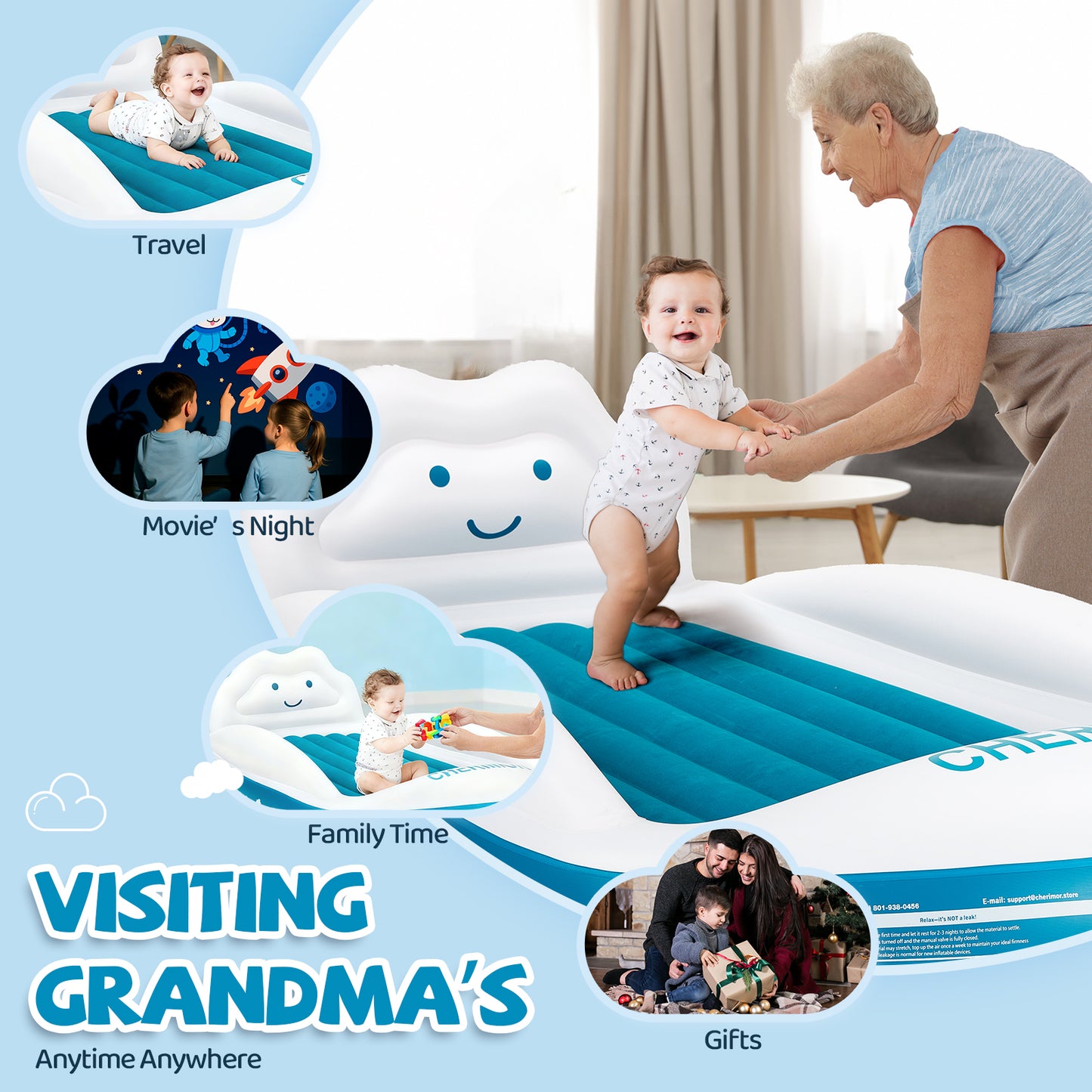 CHERIMOR Inflatable Toddler Travel Bed with 4-Sided Safety Bumpers, Portable Toddler Bed with Fast-Inflation Pump, Kids Air Mattress for Travel Sleepovers, Blow Up Mattress for Home & Grandma’s House