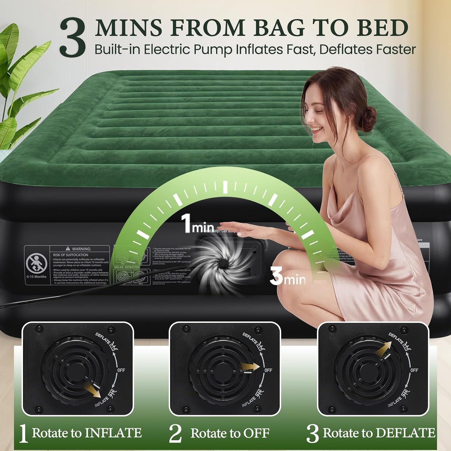 CHERIMOR Queen Air Mattress, Built-in Pump, 18in Raised, 800 lb Support, 48-Hour Leak-Tested PVC, Anti-Sag Horizontal Beam, Stable Edge Support, Air Bed for Home Guests & Camping