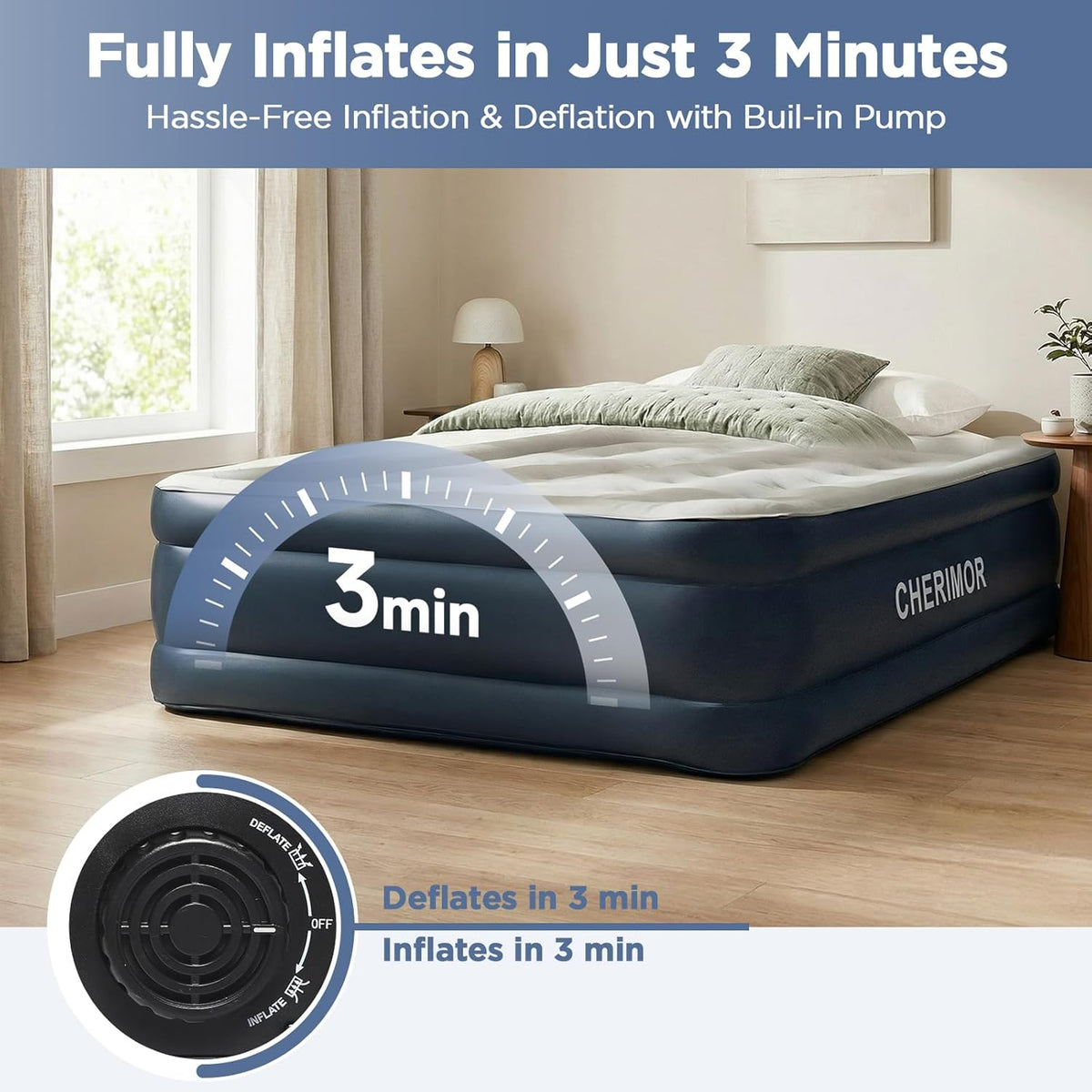 CHERIMOR Queen Air Mattress with Built-in Pump 18in, Reinforced PVC