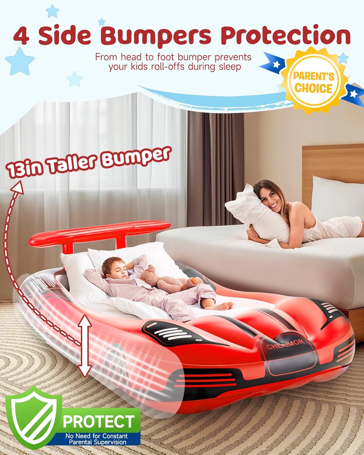 Inflatable Toddler Travel Bed with Safety Bumpers & 2 Mins Auto Inflation Pump, Portable Toddler Kids Air Mattress with Carry Bag for Home Grandma's Sleepovers Travel Camping, 330lbs Support