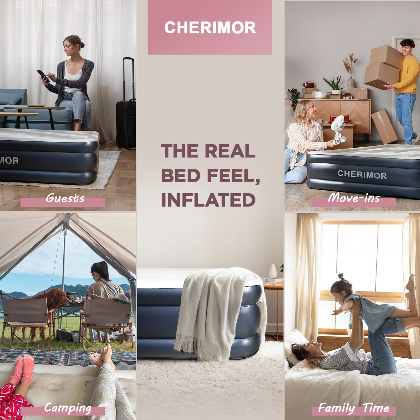 CHERIMOR Air Mattress, 18" Raised Full Size Self Inflatable Blow Up Mattress with Built in Pump, Thick Comfort Air Bed with Carry Bag for Camping, Guests & Home, 600lb Capacity Colchon Inflable