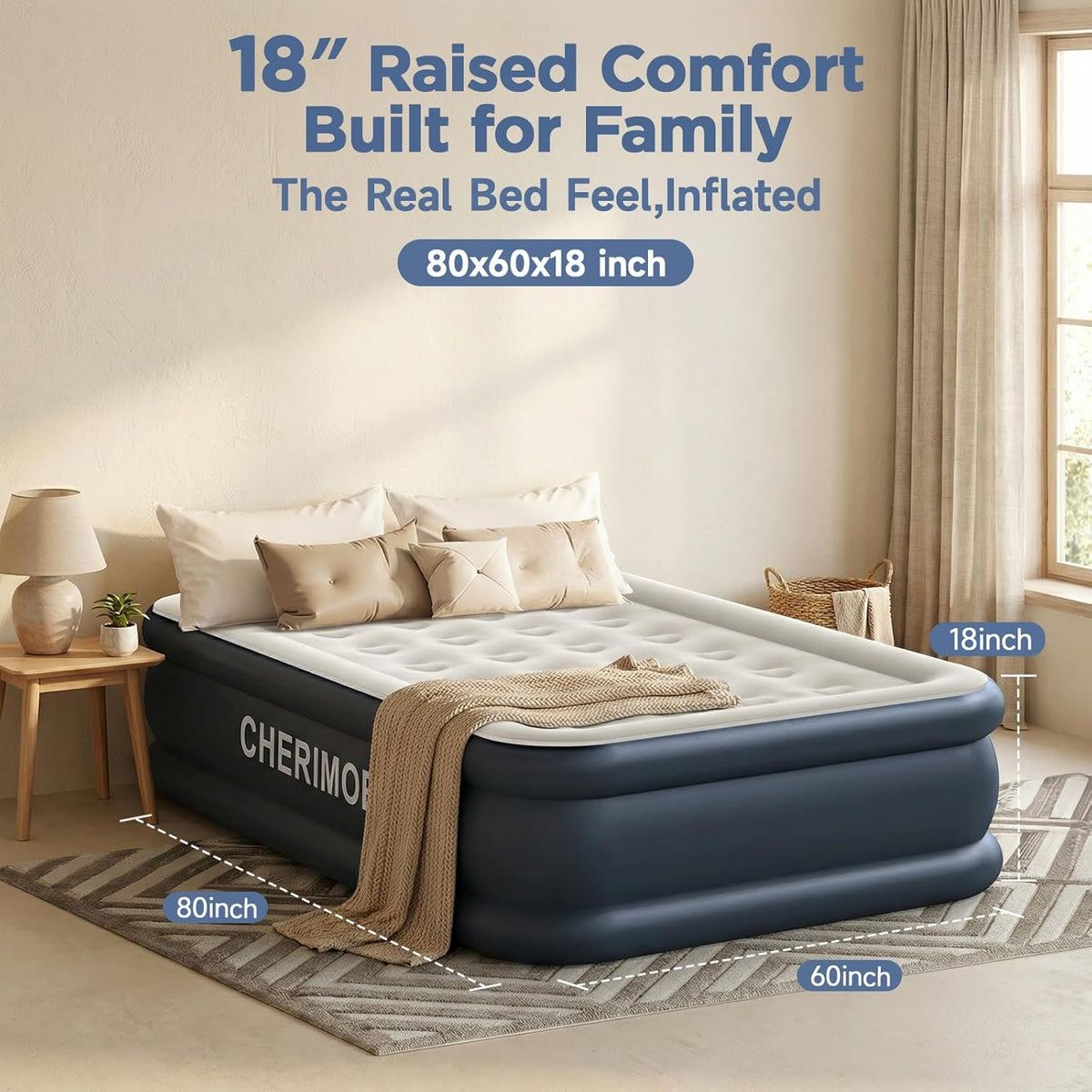 CHERIMOR Queen Air Mattress with Built-in Pump 18in, Reinforced PVC
