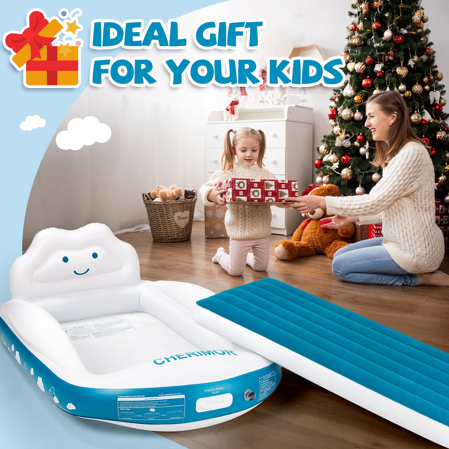 CHERIMOR Inflatable Toddler Travel Bed with 4-Sided Safety Bumpers, Portable Toddler Bed with Fast-Inflation Pump, Kids Air Mattress for Travel Sleepovers, Blow Up Mattress for Home & Grandma’s House
