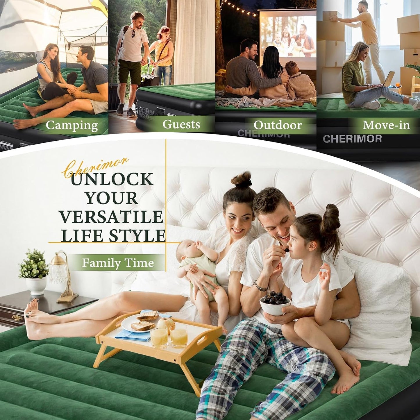 CHERIMOR Queen Air Mattress, Built-in Pump, 18in Raised, 800 lb Support, 48-Hour Leak-Tested PVC, Anti-Sag Horizontal Beam, Stable Edge Support, Air Bed for Home Guests & Camping