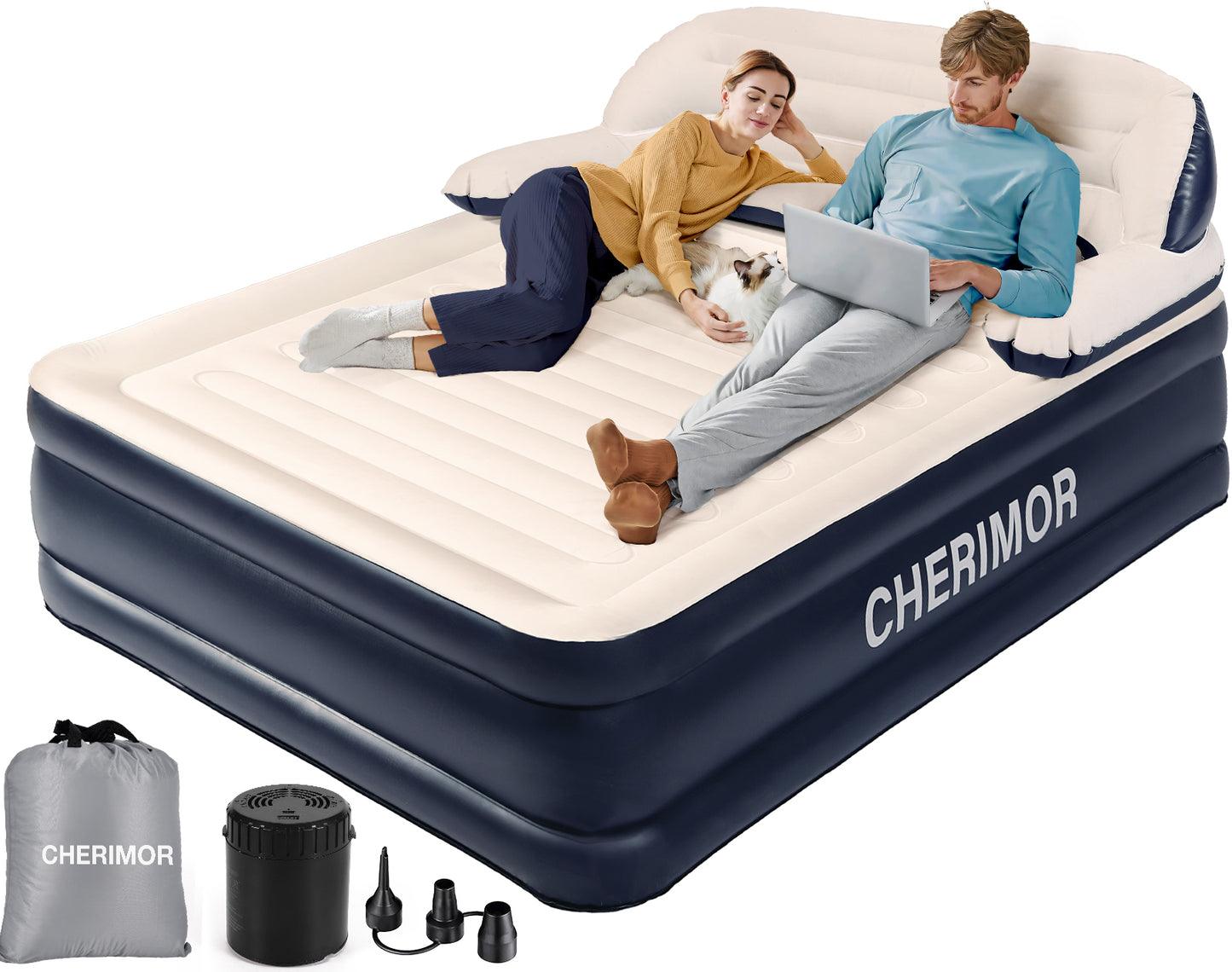 CHERIMOR Queen XL Air Mattress with Built in Pump and Headboard, 87“ Extra Length Inflatable Mattress with Pillow, 48Hr Leak-Proof Test, Upgraded Long Air Beam, 800lbs Support, Air Bed for Home Guests