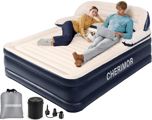 CHERIMOR Queen XL Air Mattress with Built in Pump and Headboard, 87“ Extra Length Inflatable Mattress with Pillow, 48Hr Leak-Proof Test, Upgraded Long Air Beam, 800lbs Support, Air Bed for Home Guests