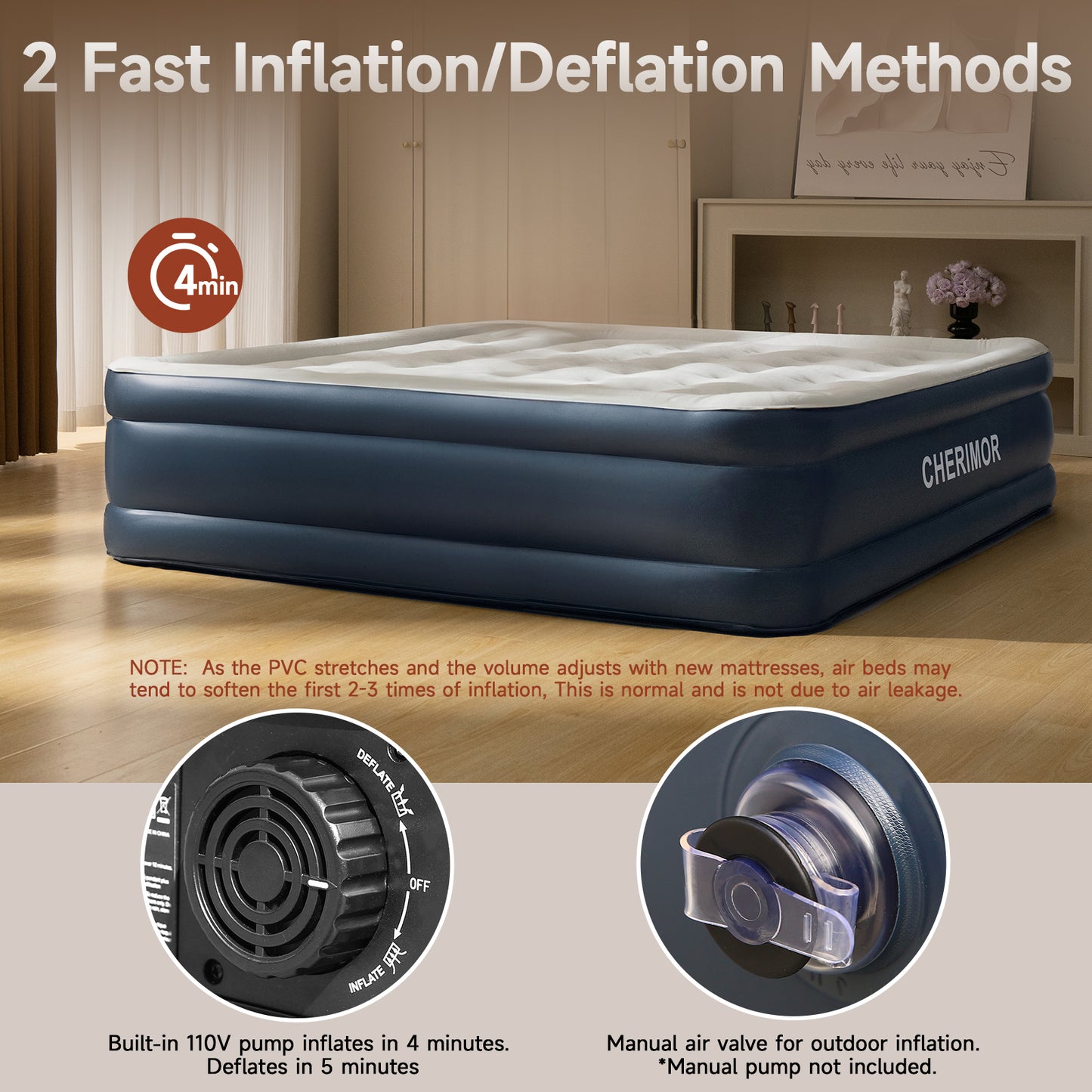 CHERIMOR King Size Air Mattress with Built in Pump, 46 cm High Luxury Thicken Sturdy Inflatable Mattress for Guests & Home, Portable Air Bed with Carry Bag, Blow up Mattress for Family & Adults