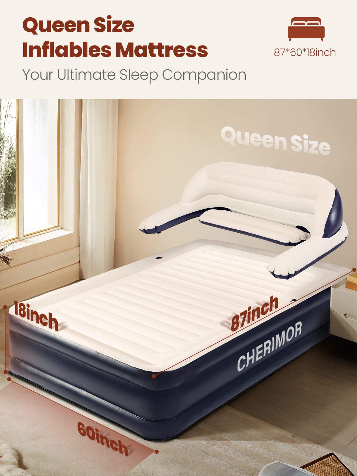 CHERIMOR Queen XL Air Mattress with Built in Pump and Headboard, 87“ Extra Length Inflatable Mattress with Pillow, 48Hr Leak-Proof Test, Upgraded Long Air Beam, 800lbs Support, Air Bed for Home Guests