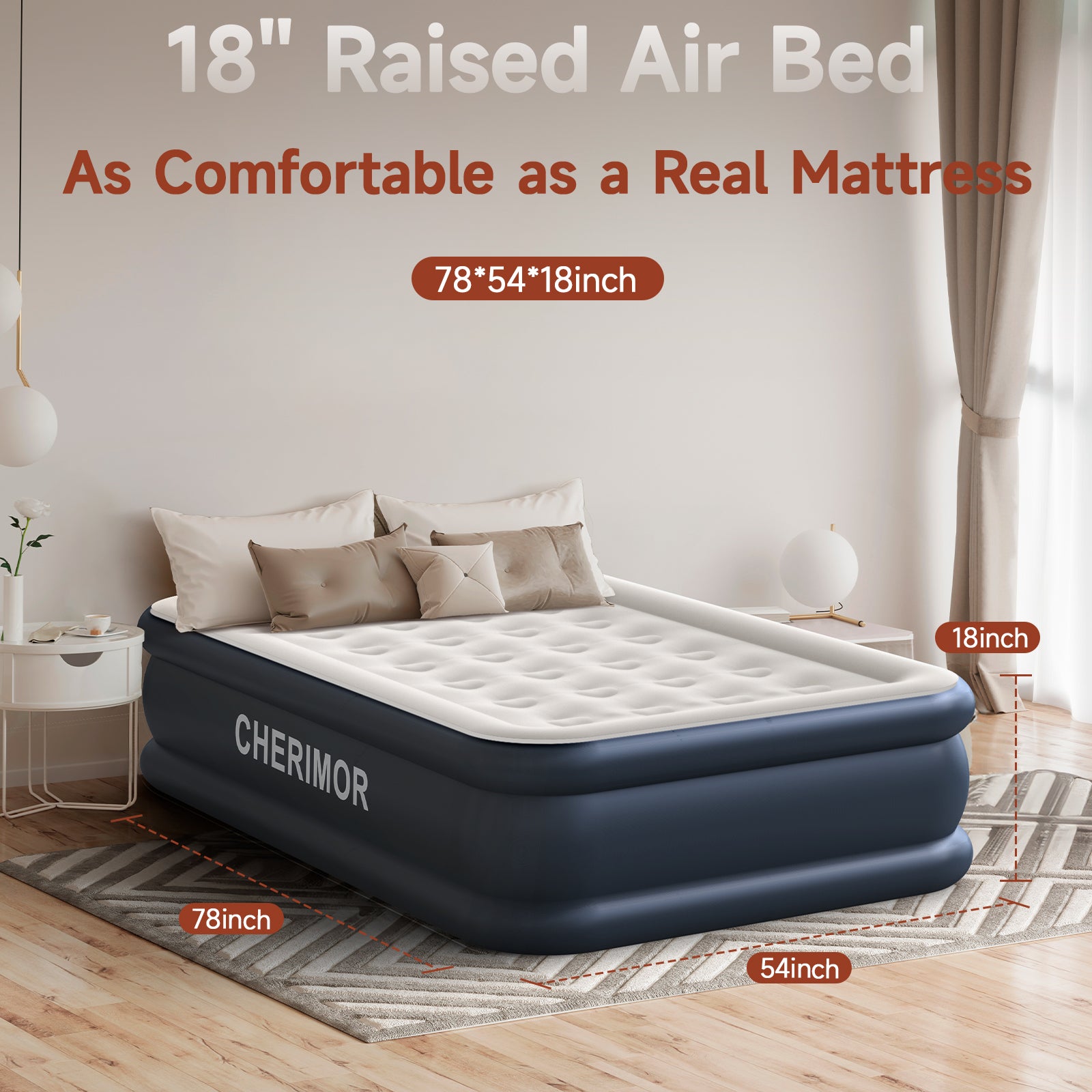 CHERIMOR Air Mattress 18 inch High Thicken Sturdy Full Size Inflatable Mattress with Built in Pump Quickly Inflatable Portable Blow up Mattress for