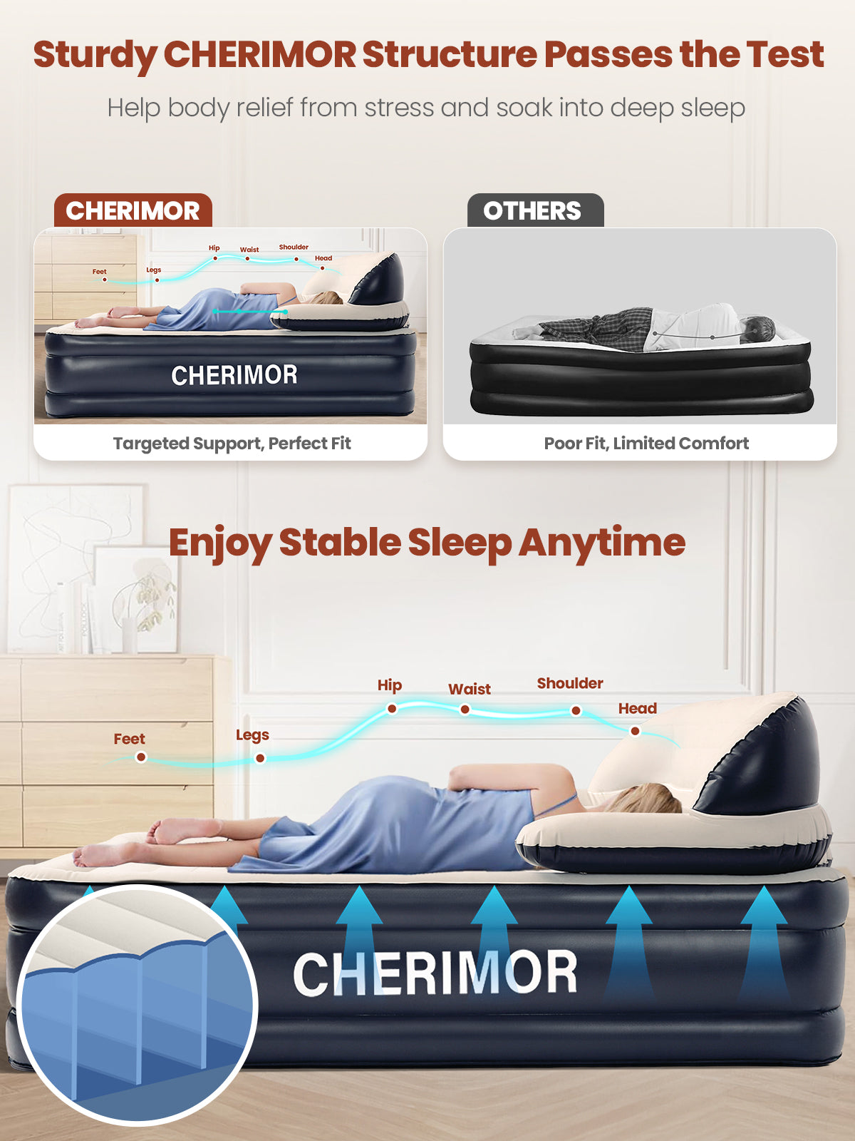 CHERIMOR Queen XL Air Mattress with Built in Pump and Headboard, 87“ Extra Length Inflatable Mattress with Pillow, 48Hr Leak-Proof Test, Upgraded Long Air Beam, 800lbs Support, Air Bed for Home Guests