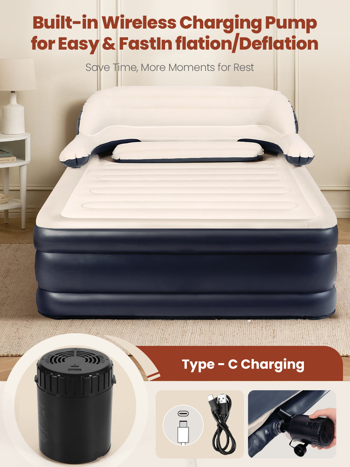 CHERIMOR Queen XL Air Mattress with Built in Pump and Headboard, 87“ Extra Length Inflatable Mattress with Pillow, 48Hr Leak-Proof Test, Upgraded Long Air Beam, 800lbs Support, Air Bed for Home Guests