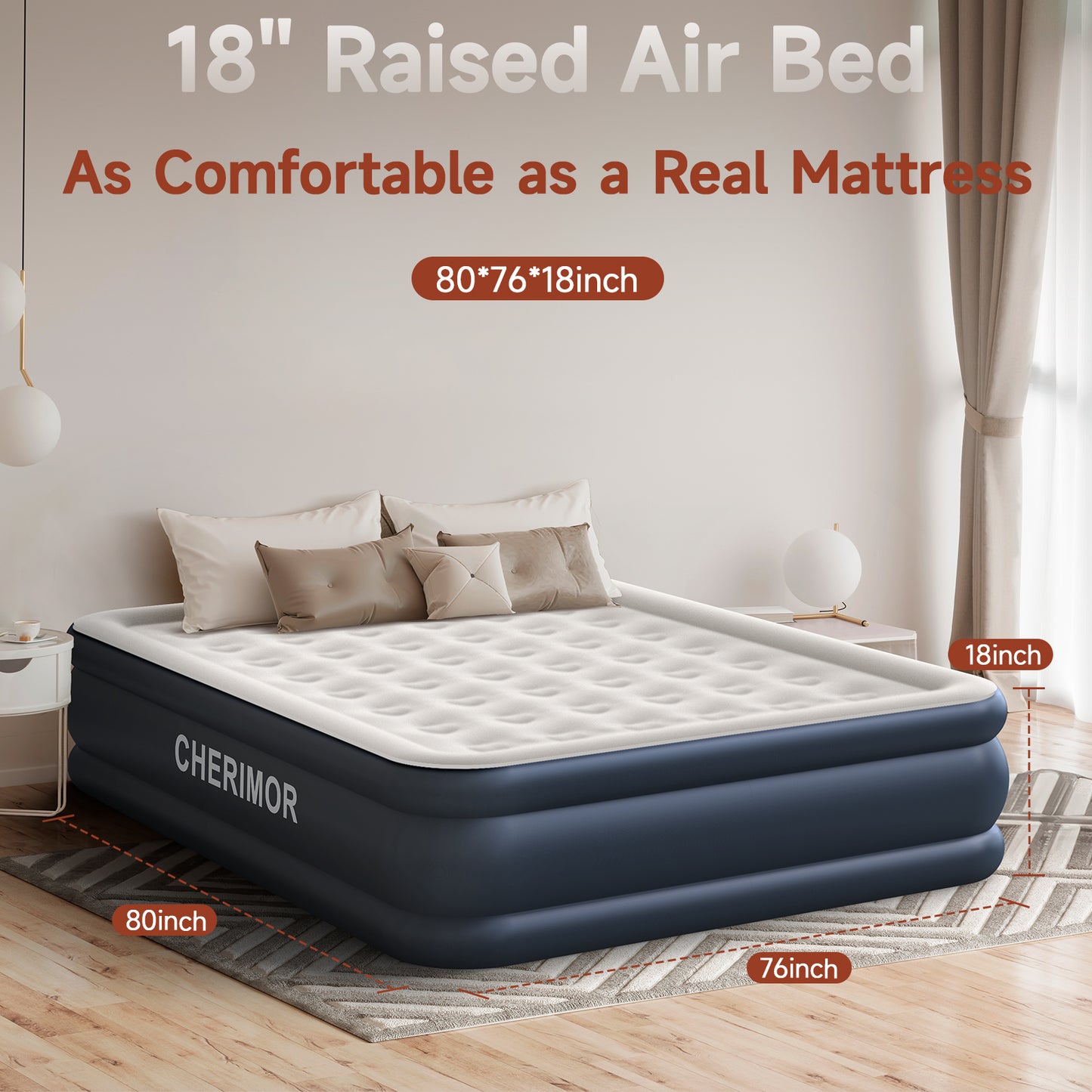 CHERIMOR King Size Air Mattress with Built in Pump, 46 cm High Luxury Thicken Sturdy Inflatable Mattress for Guests & Home, Portable Air Bed with Carry Bag, Blow up Mattress for Family & Adults