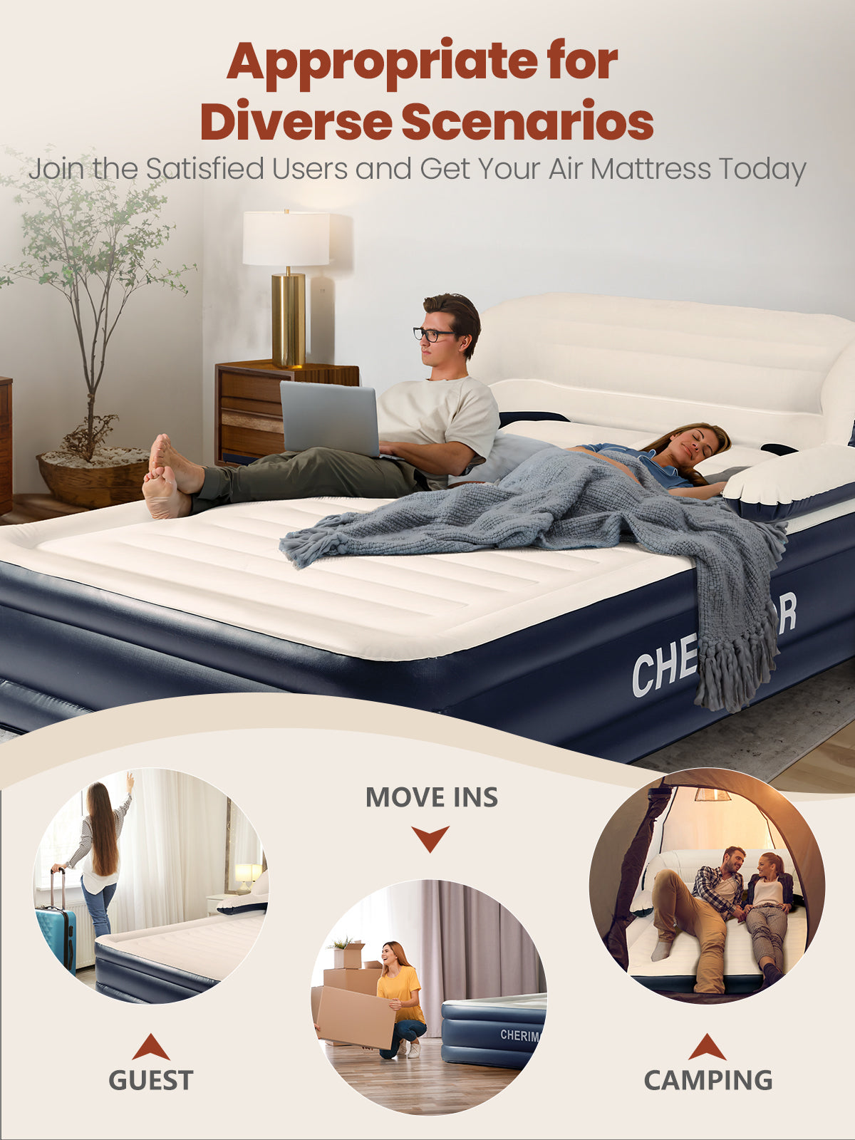 CHERIMOR Queen XL Air Mattress with Built in Pump and Headboard, 87“ Extra Length Inflatable Mattress with Pillow, 48Hr Leak-Proof Test, Upgraded Long Air Beam, 800lbs Support, Air Bed for Home Guests